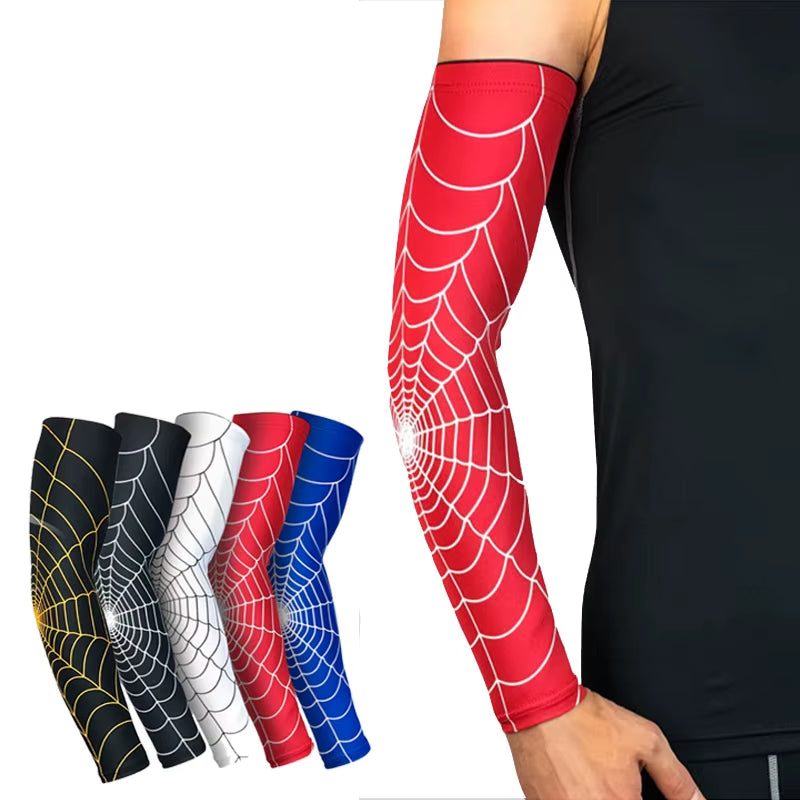 1Pcs Breathable Quick Dry UV Protection Spider Web Arm Sleeves Basketball Elbow Pad Fitness Armguards Sports Cycling Arm Warmers