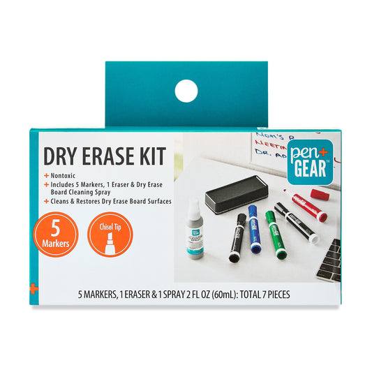 Dry Erase Marker Kit, 7 Pieces, Includes Chisel Tip Assorted Ink Colors, Cleaner and Eraser