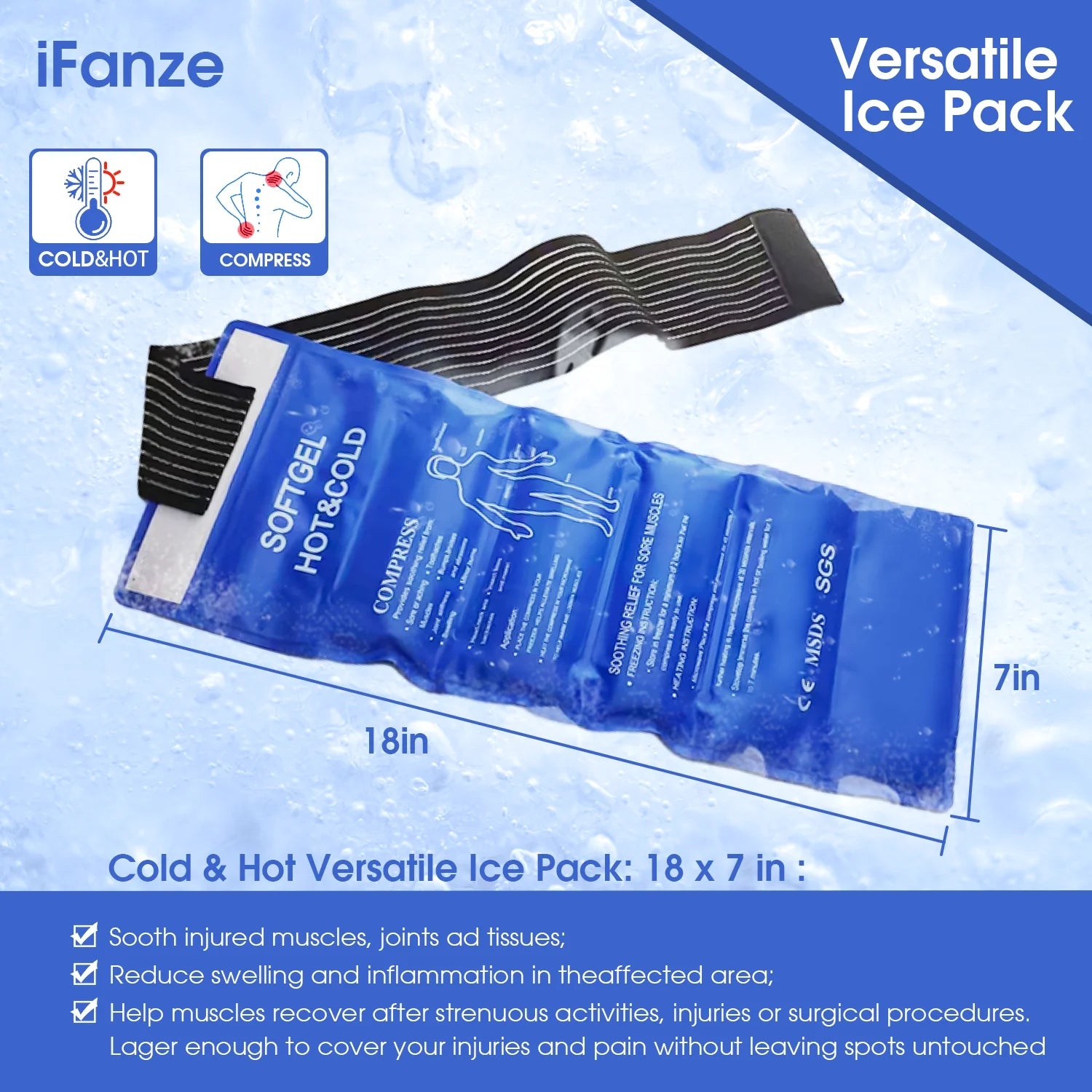 2Pack Ice Pack for Injuries Reusable, Gel Hot and Cold Pack Therapy Wrap for Hip Neck Shoulder Knee Back Hot Cold Compress for Swelling, Bruises, Surgery, 18 X 7 In